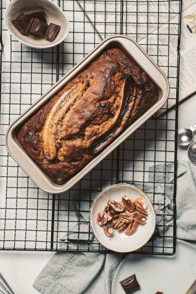 Easy moist banana bread recipe baked in a loaf pan top view