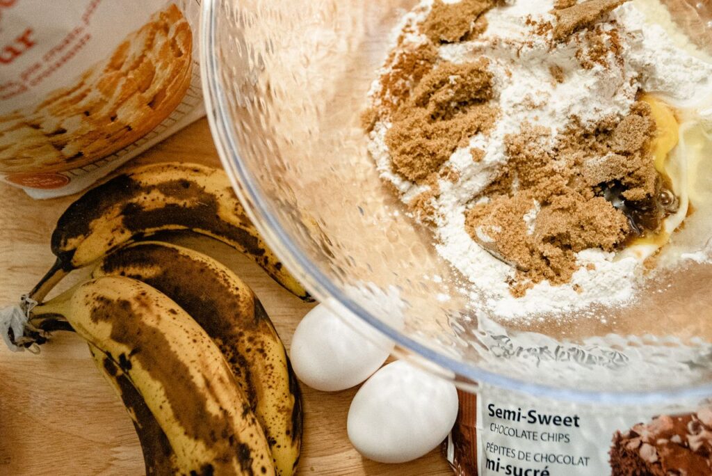 Brown sugar and flour being mixed for easy moist banana bread recipe