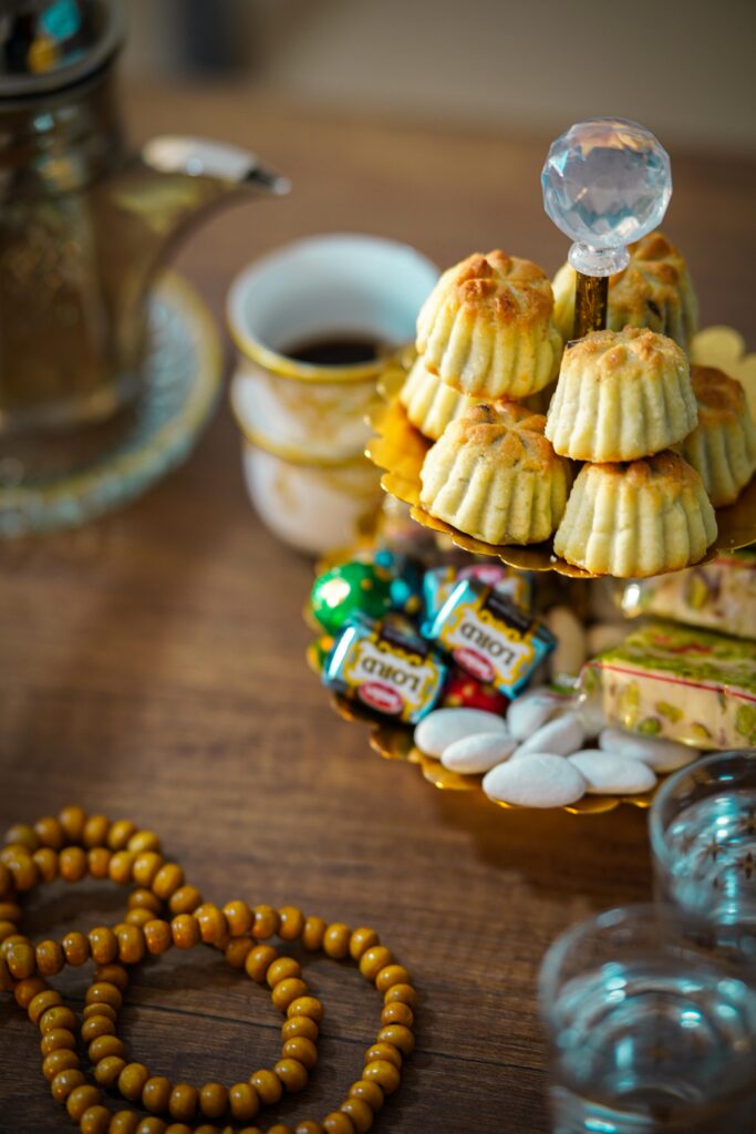 Traditional Eid desserts with a modern twist served on a festive multi tier dessert stand