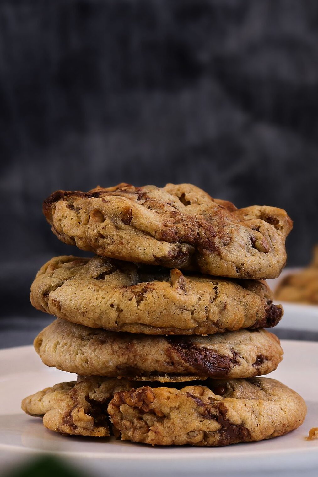 Stacked one bowl chocolate chip cookies showing thick, soft chewy texture with generous chocolate chunks