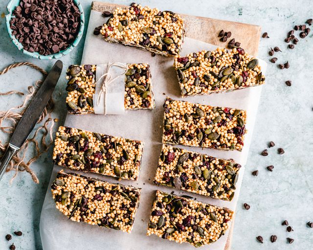 Chocolate chip granola bars cut into squares for a kids lunchbox