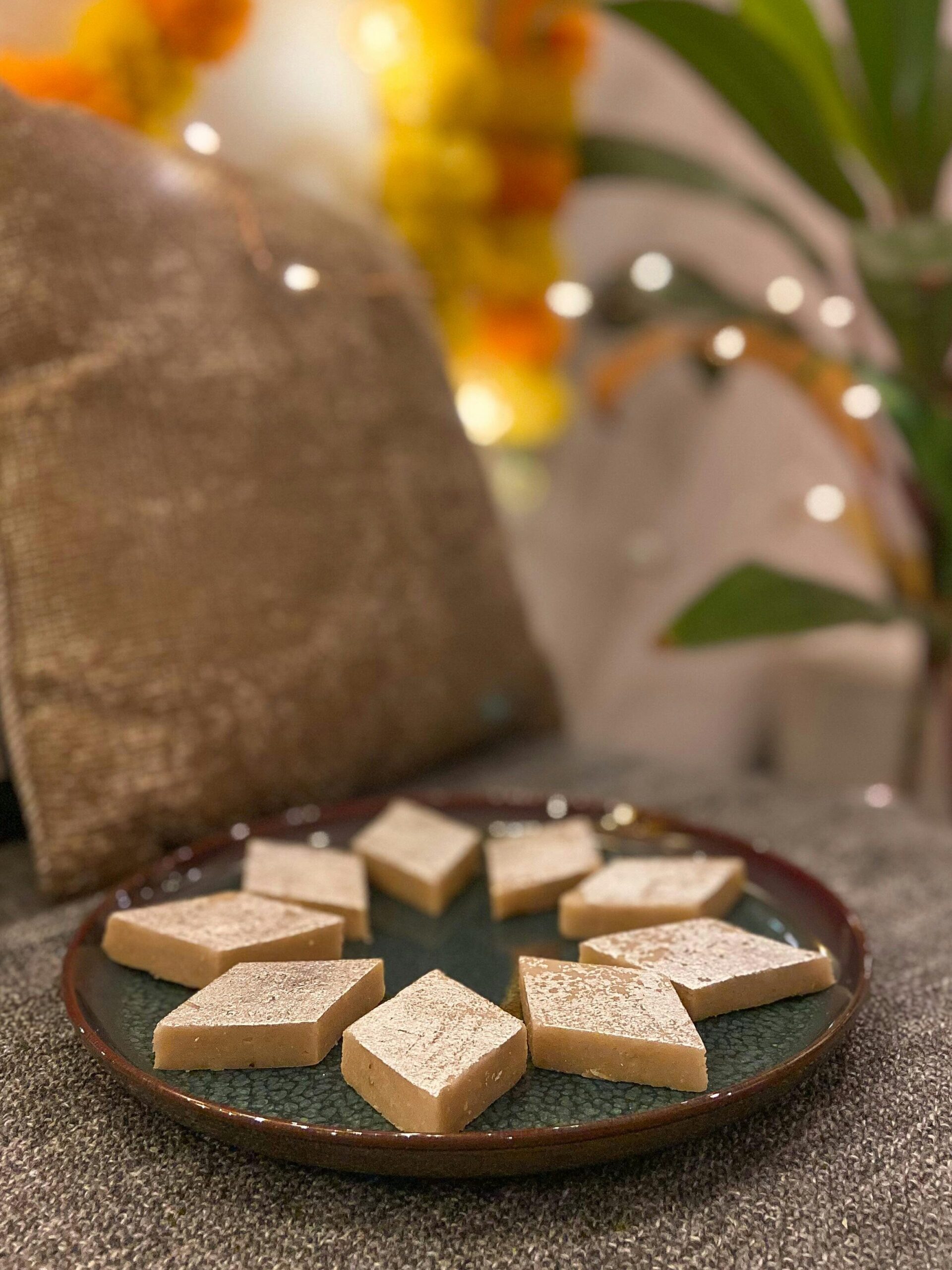 Eggless Eid Sweets Without Oven. Traditional South Asian barfi served on a plate as quick budget friendly Eid sweets
